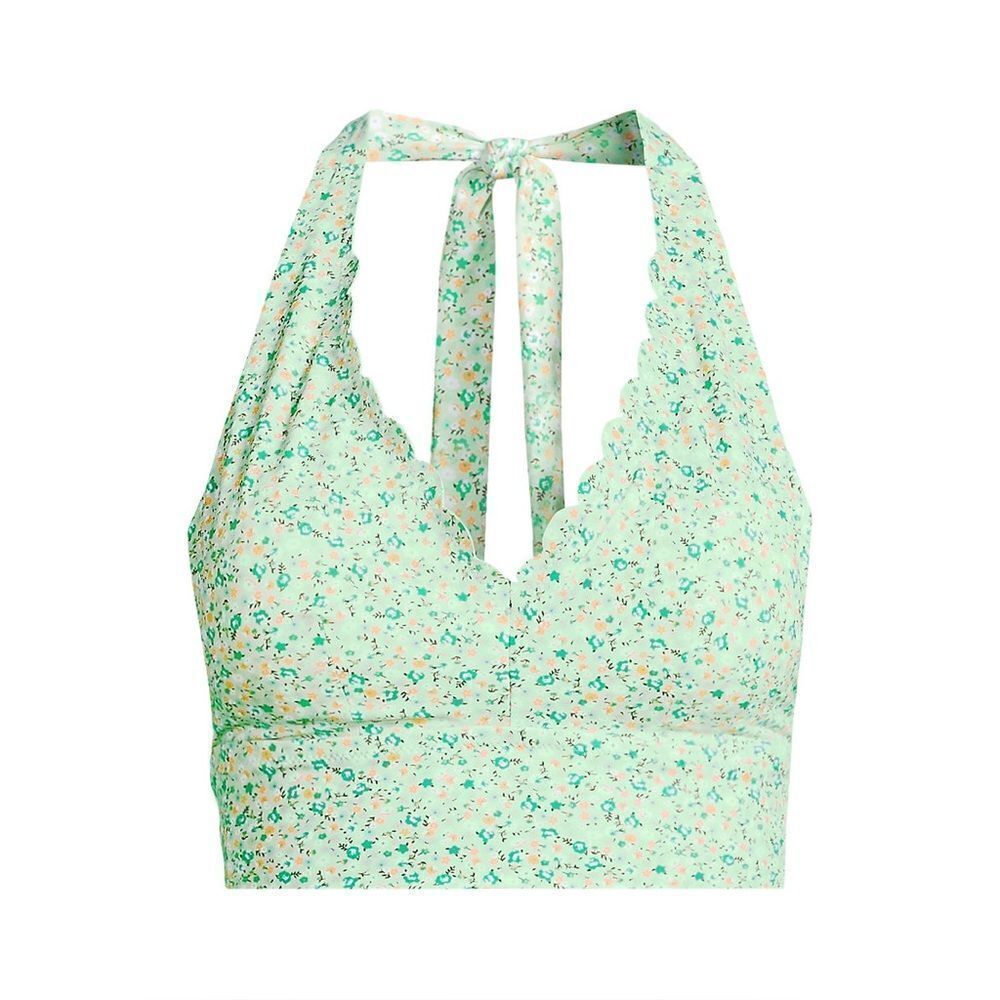 Land's End Tugless floral scallop bikini halter top mint green multi floral Var